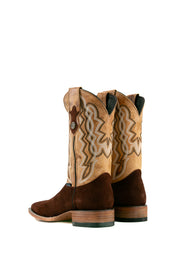 Back view of walnut Luke Suede cowboy boots in genuine leather, featuring a square toe, brown suede vamp, tan embroidered shaft, and rubber heel.