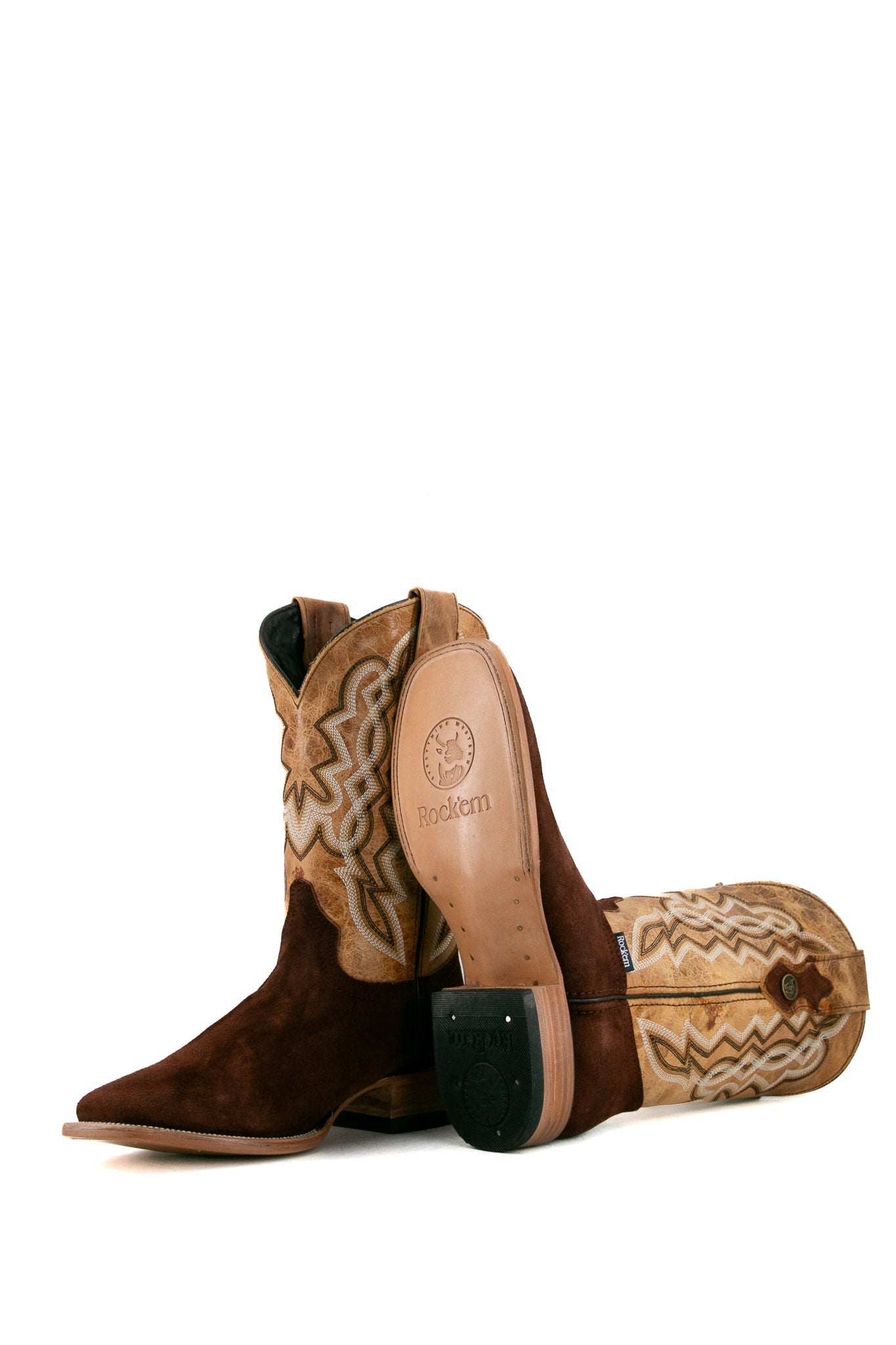 View of walnut Luke Suede cowboy boots in genuine leather, featuring a square toe, brown suede vamp, tan embroidered shaft, rubber heel, and tan leather sole.