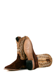 View of walnut Luke Suede cowboy boots in genuine leather, featuring a square toe, brown suede vamp, tan embroidered shaft, rubber heel, and tan leather sole.