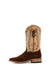 Side view of walnut Luke Suede cowboy boots in genuine leather, featuring a square toe, brown suede vamp, tan embroidered shaft, and rubber heel.