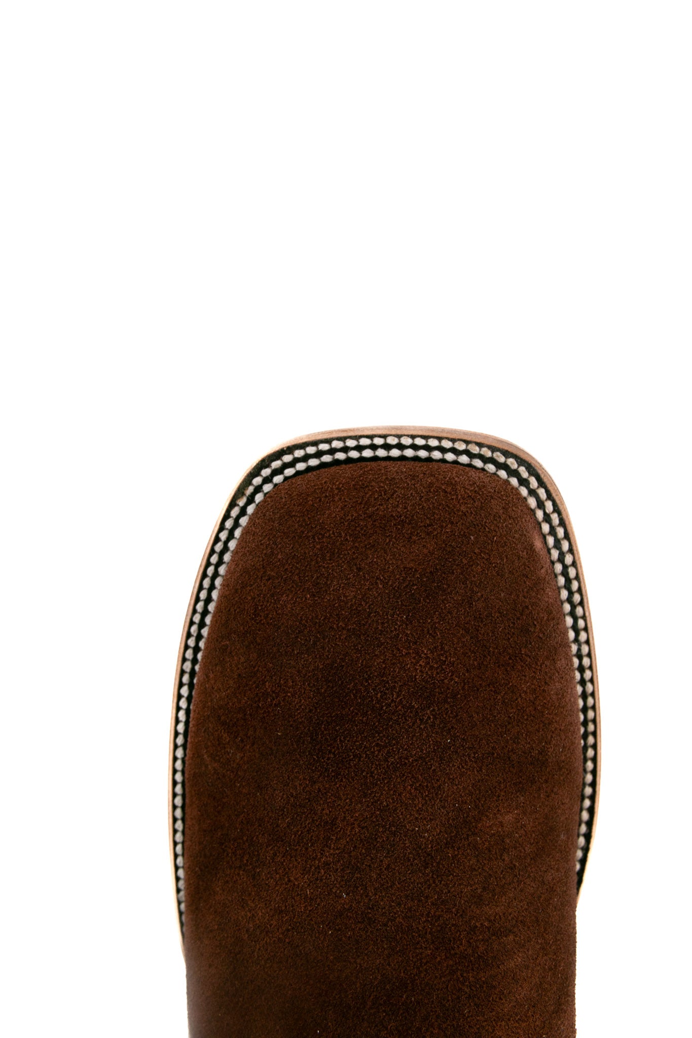 Top-down close-up of the walnut Luke Suede cowboy boot vamp showing the brown suede detail and square toe.