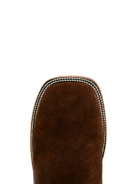 Top-down close-up of the walnut Luke Suede cowboy boot vamp showing the brown suede detail and square toe.