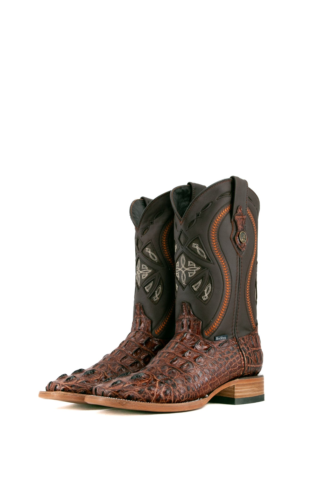 Cogñac Caiman Tail Hornback cowboy boots with genuine leather, square toe, caiman tail inlays, black shaft, and tan sole.