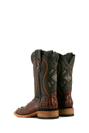 Back view of the cogñac Caiman Tail Hornback cowboy boots with genuine leather, square toe, caiman tail inlays, black shaft, and tan sole.