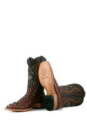 Cogñac Caiman Tail Hornback cowboy boots with genuine leather, square toe, caiman tail inlays, black shaft, and tan sole.