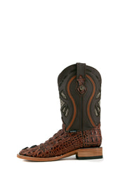 Side view of the cogñac Caiman Tail Hornback cowboy boots with genuine leather, square toe, caiman tail inlays, black shaft, and tan sole.