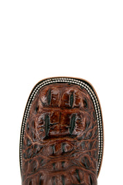 Top-down close-up of the cogñac Caiman Tail Hornback cowboy boot vamp showing the caiman print detail and square toe.