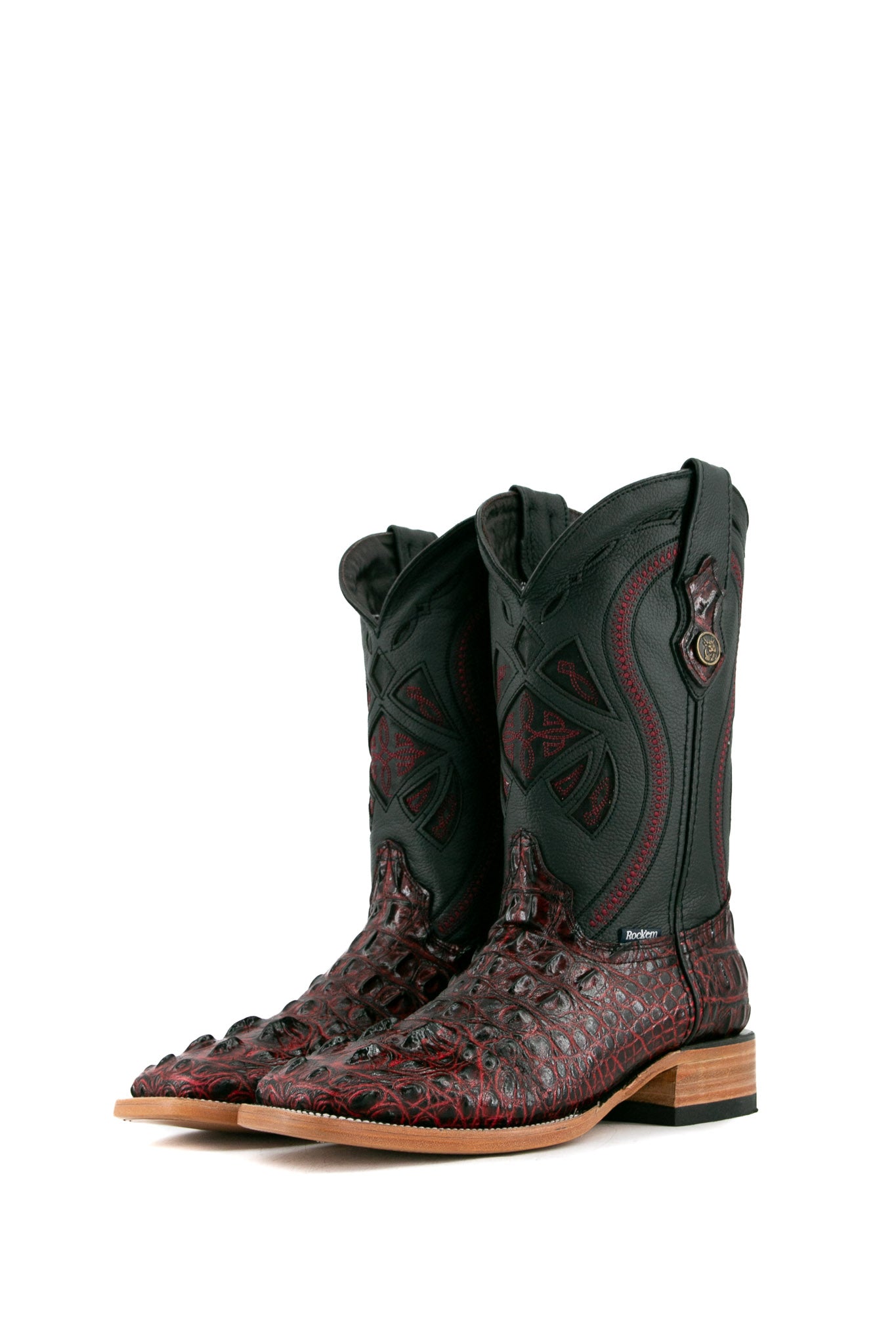 Black cherry Caiman Tail Hornback cowboy boots with genuine leather, square toe, green inlays in the shaft, and tan leather sole.