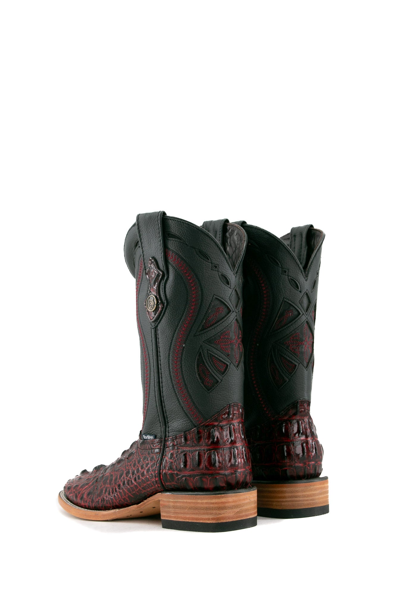 Back view of the black cherry Caiman Tail Hornback cowboy boots with genuine leather, square toe, caiman tail inlays, brown shaft, and natural-tone sole.