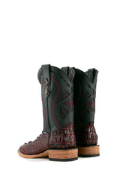 Back view of the black cherry Caiman Tail Hornback cowboy boots with genuine leather, square toe, caiman tail inlays, brown shaft, and natural-tone sole.