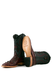 Black cherry Caiman Tail Hornback cowboy boots with genuine leather, square toe, green inlays in the shaft, and tan leather sole.
