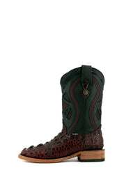 Black Cherry Caiman Tail Hornback cowboy boots with genuine leather, square toe, caiman tail inlays, brown shaft, and natural-tone sole.