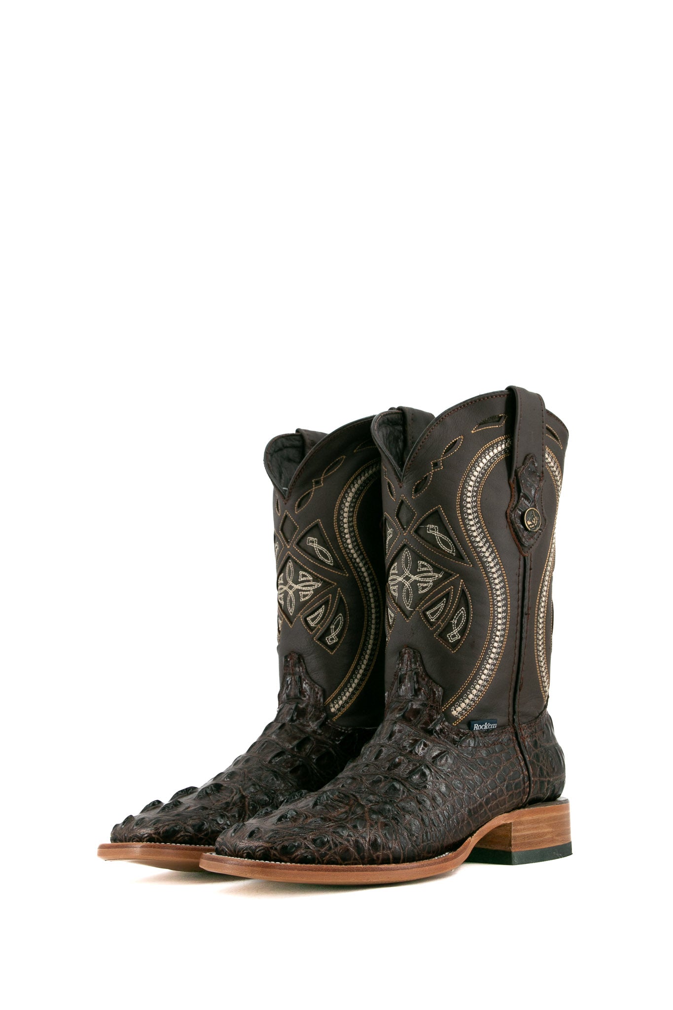 Brown Caiman Tail Hornback cowboy boots with genuine leather, square toe, inlays in the shaft, brown shaft, and natural-tone sole.
