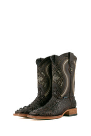 Brown Caiman Tail Hornback cowboy boots with genuine leather, square toe, inlays in the shaft, brown shaft, and natural-tone sole.