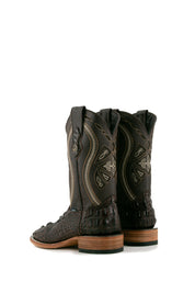 Back view of the brown Caiman Tail Hornback cowboy boots are genuine leather, featuring a square toe, inlays in the brown shaft and a natural-tone sole.