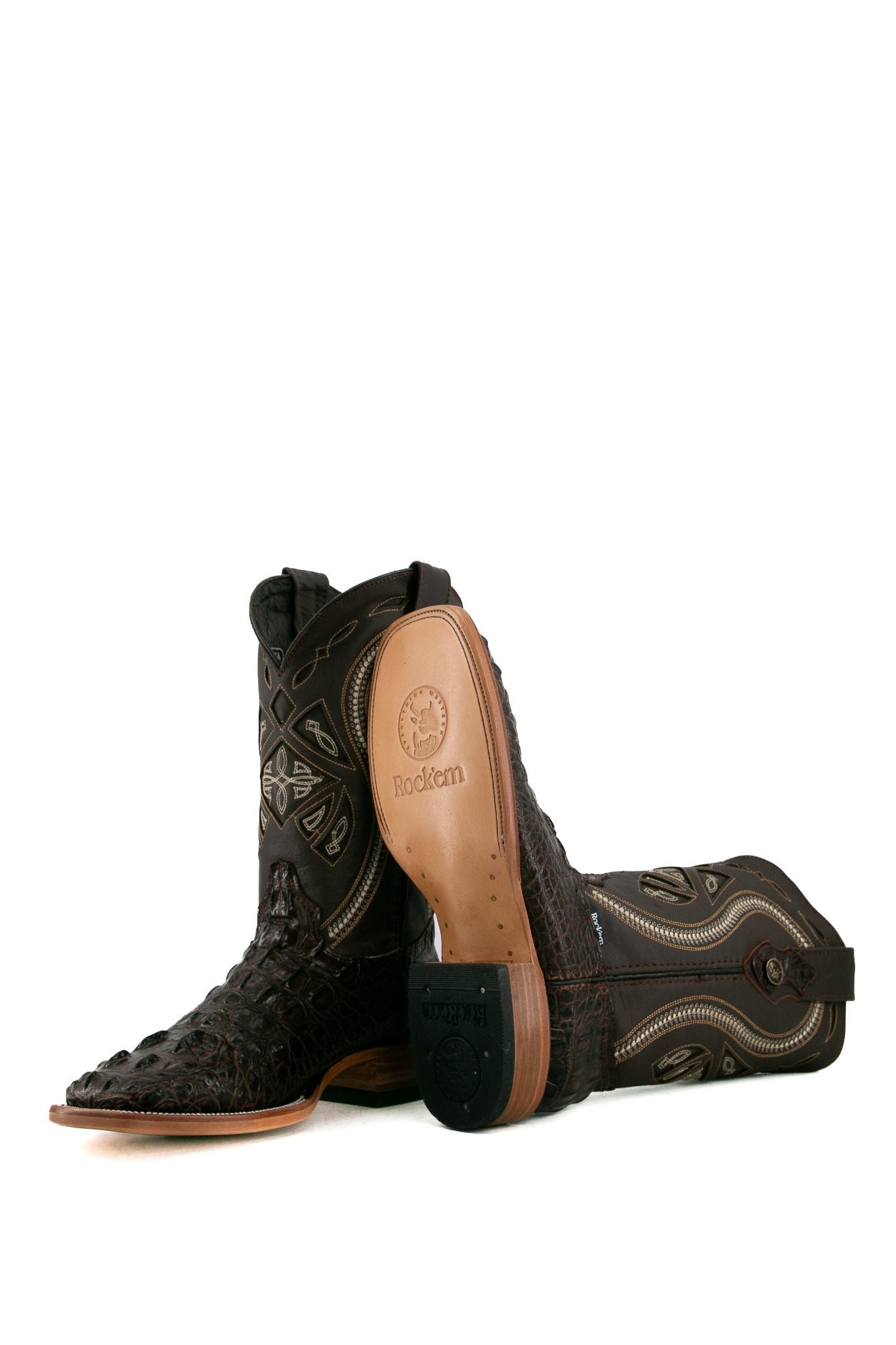 The brown Caiman Tail Hornback cowboy boots are genuine leather, featuring a square toe, caiman tail hornback, inlays in the brown shaft and a tan sole.