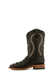 Side view of the brown Caiman Tail Hornback cowboy boots are genuine leather, featuring a square toe, inlays in the brown shaft and a natural-tone sole.