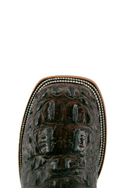 Top-down close-up of the brown Caiman Tail Hornback cowboy boot vamp showing the caiman print detail and square toe.