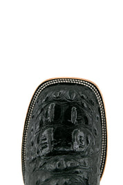 Top-down close-up of the black Caiman Tail Hornback cowboy boot vamp showing the Python print detail and square toe.