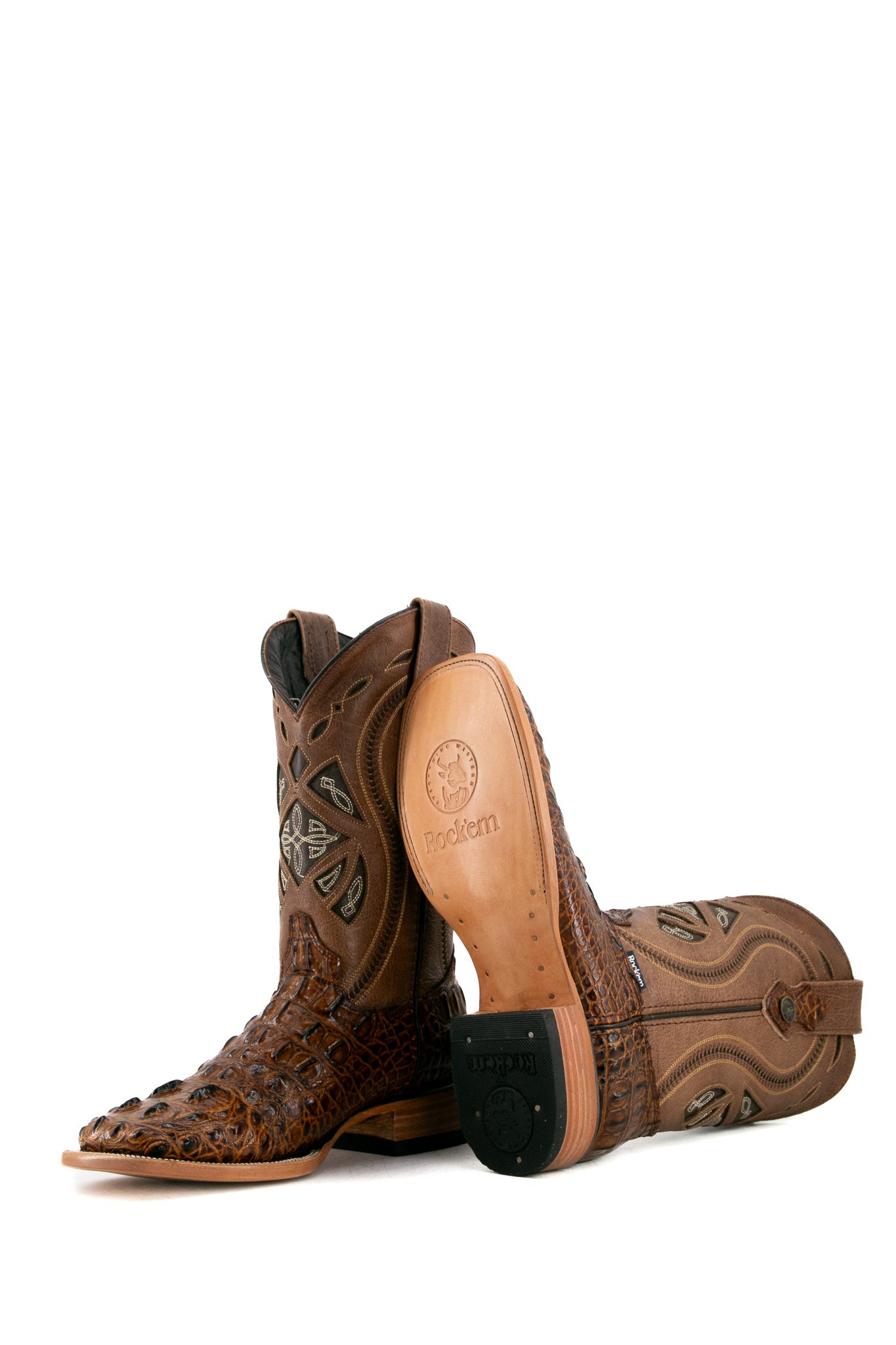 Honey Caiman Tail Hornback cowboy boots with genuine leather, square toe, caiman tail inlays, brown shaft, and natural-tone sole.