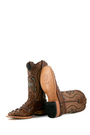 Honey Caiman Tail Hornback cowboy boots with genuine leather, square toe, caiman tail inlays, brown shaft, and natural-tone sole.