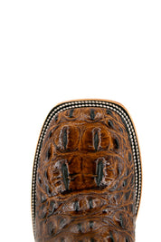 Honey Caiman Tail Hornback cowboy boots with genuine leather, square toe, caiman tail inlays, brown shaft, and natural-tone sole.