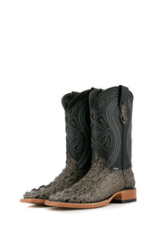 Slate gray Caiman Tail Hornback cowboy boots with genuine leather, square toe, caiman tail inlays, black shaft, and tan sole.