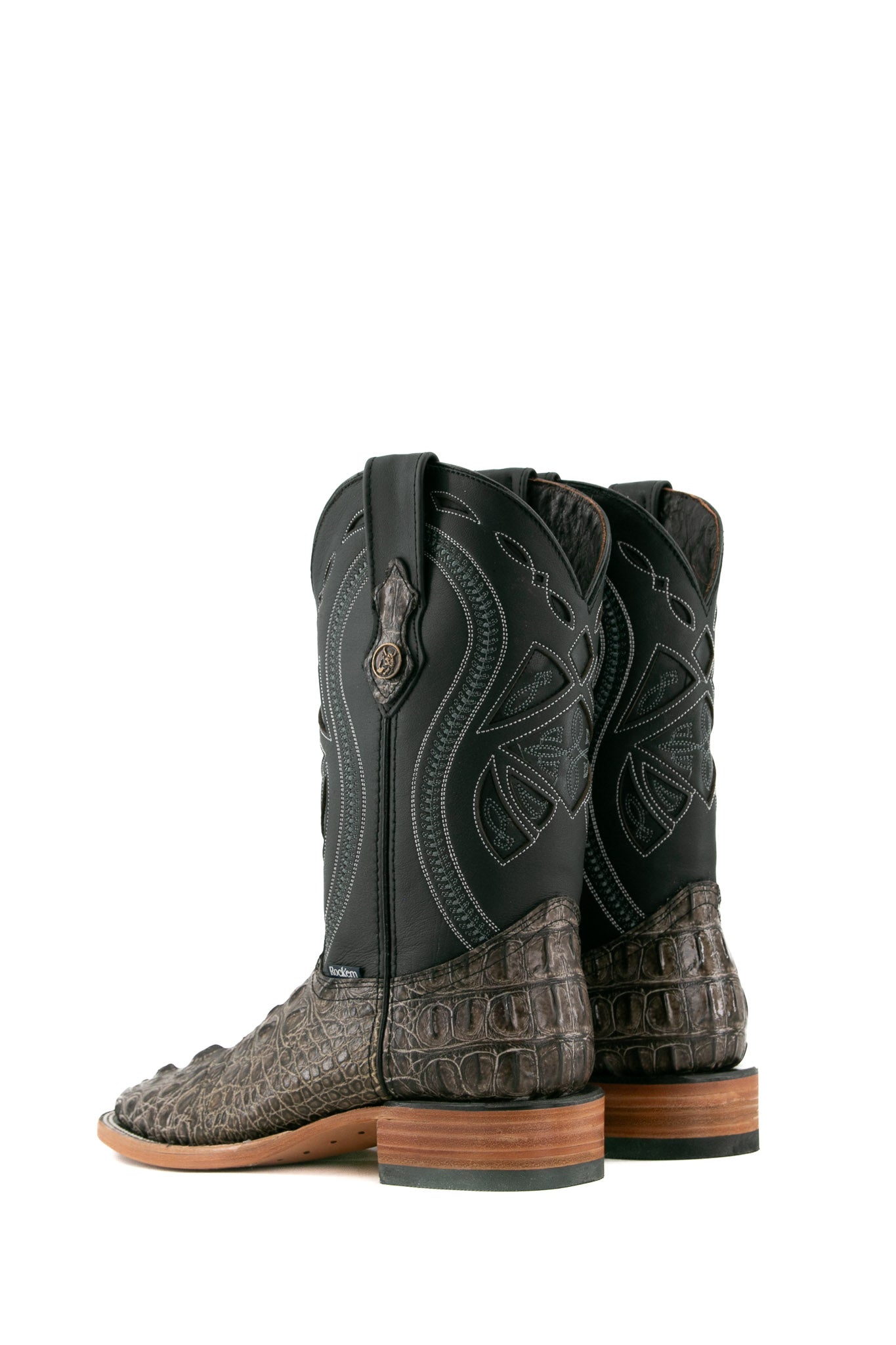 Back view of the slate gray Caiman Tail Hornback cowboy boots with genuine leather, square toe, inlays in the shaft, black shaft, and tan sole.