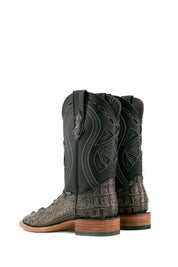 Back view of the slate gray Caiman Tail Hornback cowboy boots with genuine leather, square toe, inlays in the shaft, black shaft, and tan sole.