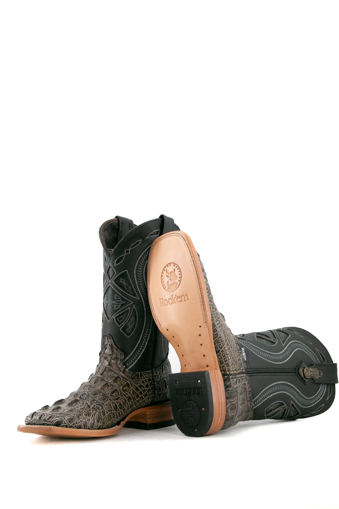 Slate gray Caiman Tail Hornback cowboy boots with genuine leather, square toe, caiman tail inlays, black shaft, and tan sole.