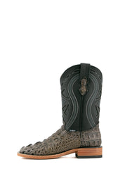 Side view of slate gray Caiman Tail Hornback cowboy boots with genuine leather, square toe, caiman tail inlays, black shaft, and tan sole.