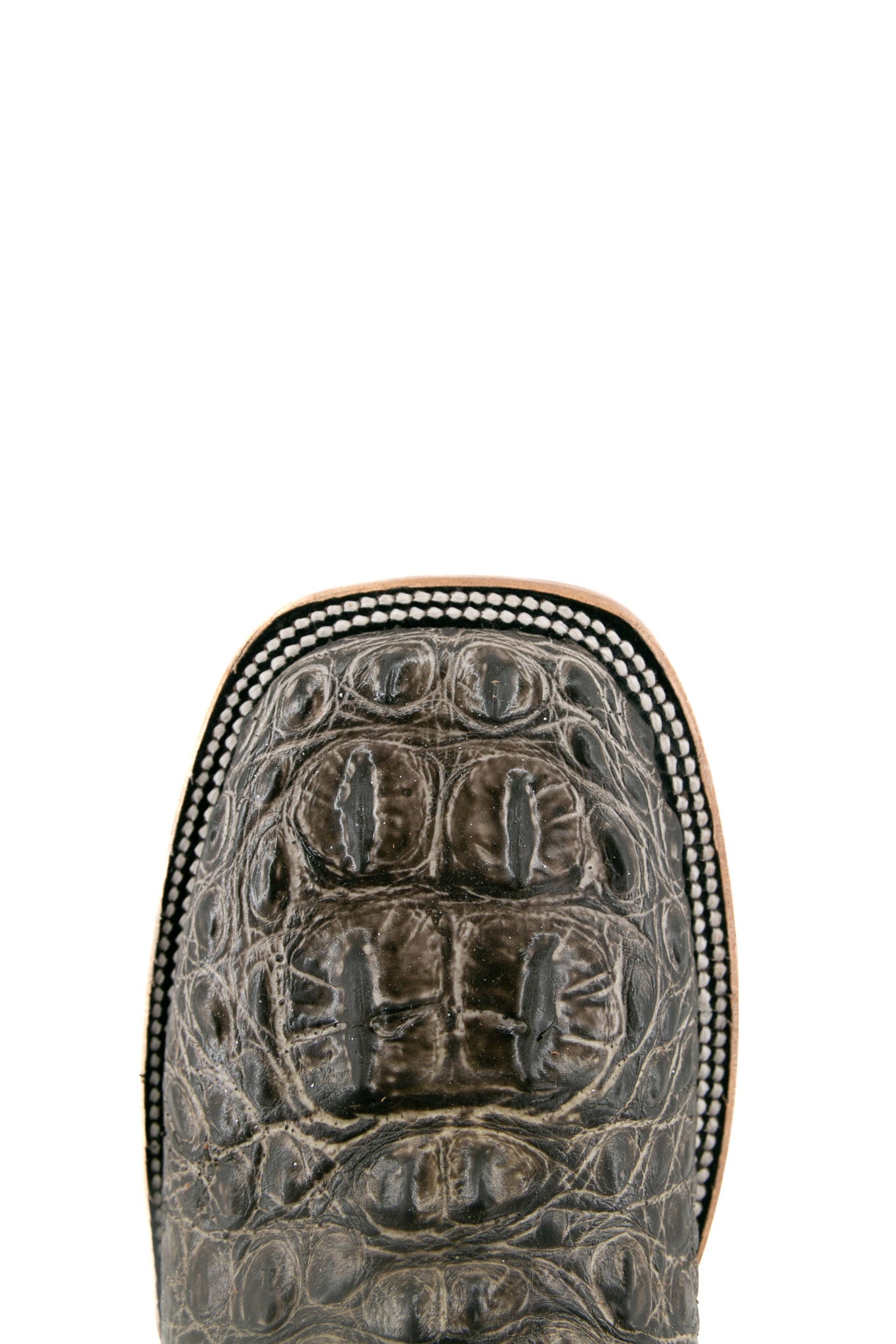 Top-down close-up of the slate gray Caiman Tail Hornback cowboy boot vamp showing the caiman print detail and square toe.