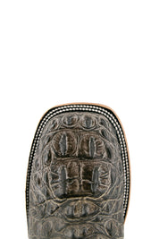 Top-down close-up of the slate gray Caiman Tail Hornback cowboy boot vamp showing the caiman print detail and square toe.