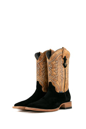 The midnight Luke Suede cowboy boots are genuine leather, featuring a square toe, black suede vamp, tan embroidered shaft, and rubber heel.