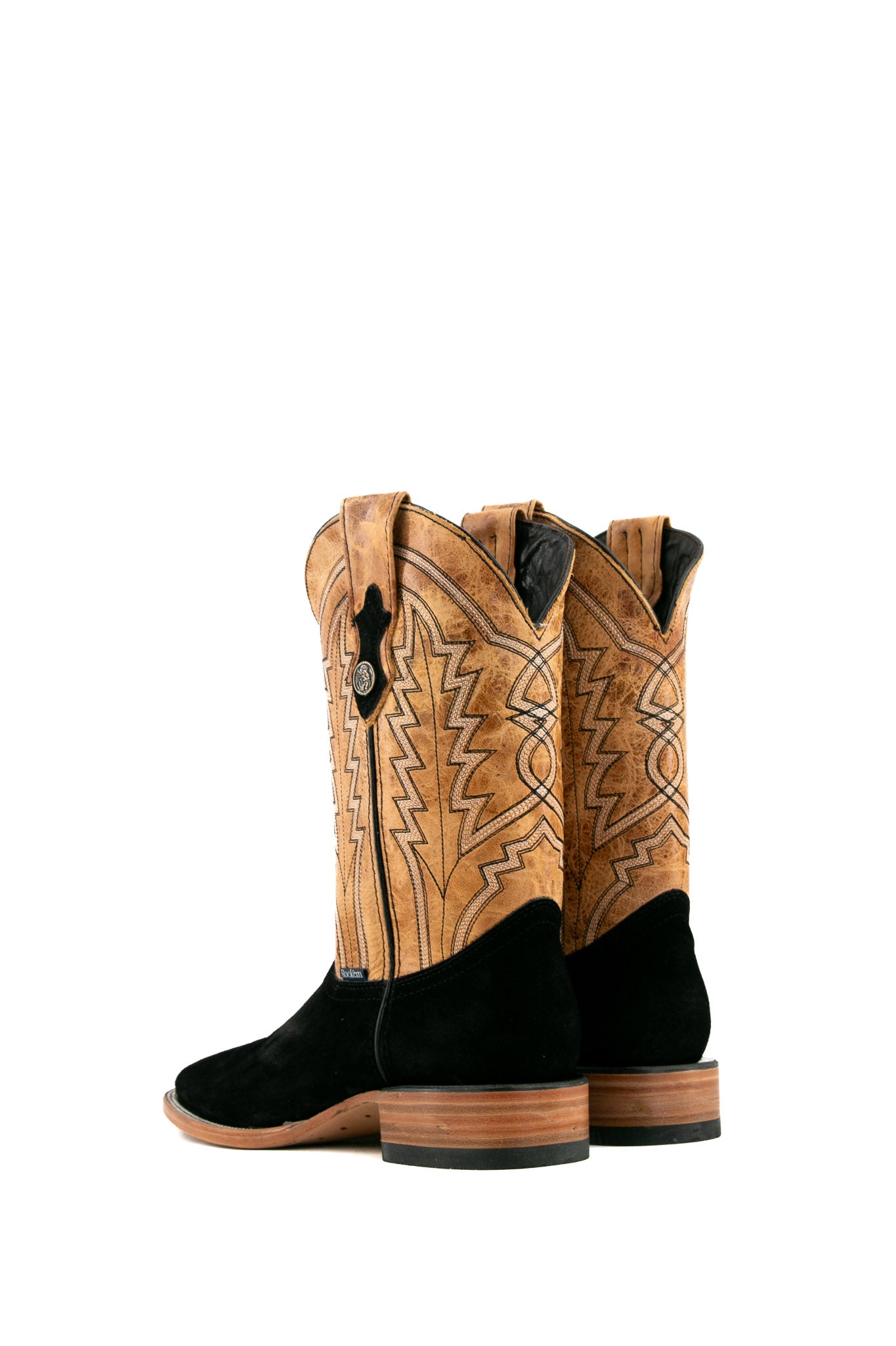 Back view of the midnight Luke Suede cowboy boots are genuine leather, featuring a square toe, black suede vamp, tan shaft with embroidery, rubber heel.