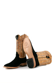 View of midnight Luke Suede cowboy boots in genuine leather, featuring a square toe, black suede vamp, tan embroidered shaft, rubber heel, and tan leather sole.