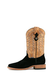 Side view of midnight Luke Suede cowboy boots in genuine leather, featuring a square toe, black suede vamp, tan embroidered shaft, and rubber heel.