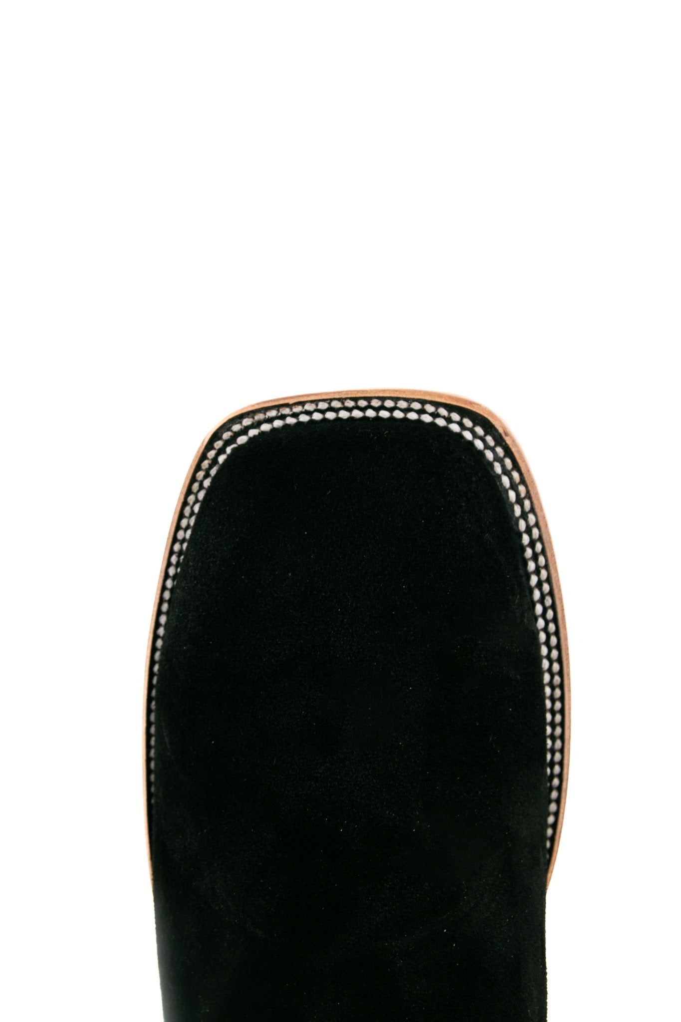 Top-down close-up of the midnight Luke Suede cowboy boot vamp showing the black suede detail and square toe.