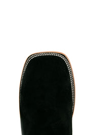 Top-down close-up of the midnight Luke Suede cowboy boot vamp showing the black suede detail and square toe.