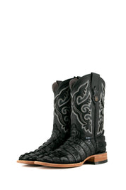 The black Caiman Tail cowboy boots are genuine leather, featuring a square toe, black caiman print vamp, black embroidery shaft, rubber heel.
