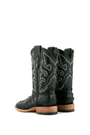 Back view of the black Caiman Tail cowboy boots are genuine leather, featuring a square toe, black caiman print vamp, black embroidery shaft, rubber heel.