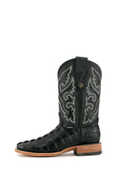 Side view of the black Caiman Tail cowboy boots are genuine leather, featuring a square toe, black caiman print vamp, black embroidery shaft, rubber heel.