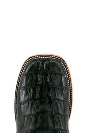 Top-down close-up of black Caiman Tail Hornback cowboy boot vamp, showcasing the black caiman print detail and square toe.
