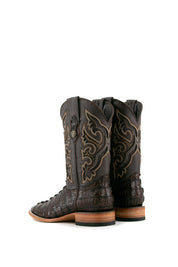 Back view of the brown Caiman Tail cowboy boots are genuine leather, featuring a square toe, brown caiman print vamp, brown embroidery shaft, rubber heel.
