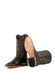 View of the brown Caiman Tail cowboy boots are genuine leather, featuring a square toe, brown caiman print vamp, brown embroidery shaft, tan leather sole and rubber heel.