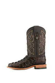 Side view of the brown Caiman Tail cowboy boots are genuine leather, featuring a square toe, brown caiman print vamp, brown embroidery shaft, rubber heel.