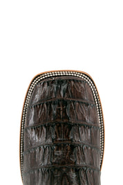 Top-down close-up of brown Caiman Tail Hornback cowboy boot vamp, showcasing the brown caiman print detail and square toe.