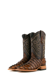 The honey Caiman Tail cowboy boots are genuine leather, featuring a square toe, honey caiman print vamp, brown embroidery shaft, rubber heel.