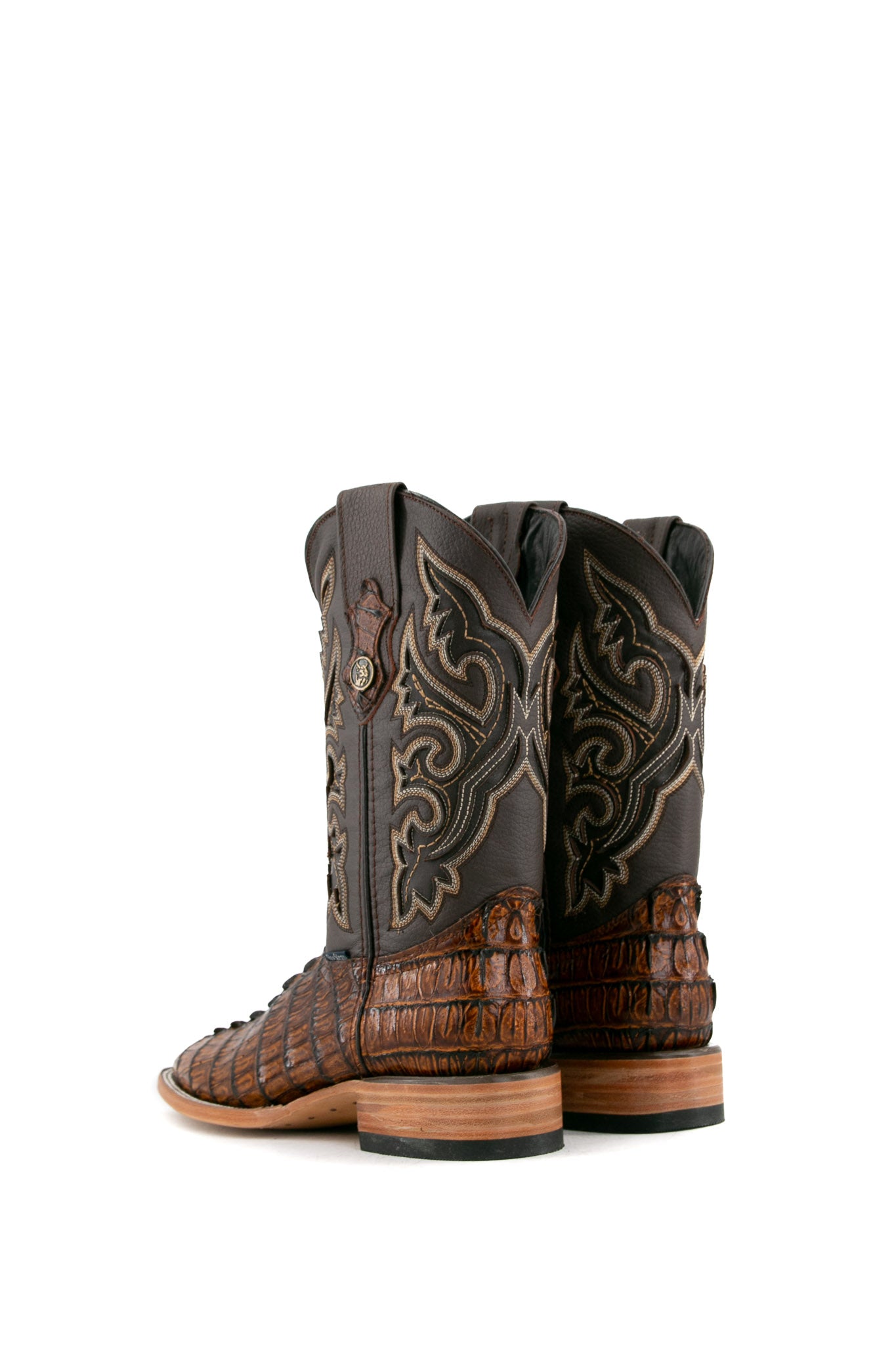 Back view of the honey Caiman Tail cowboy boots are genuine leather, featuring a square toe, honey caiman print vamp, brown embroidery shaft, rubber heel.