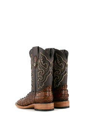 Back view of the honey Caiman Tail cowboy boots are genuine leather, featuring a square toe, honey caiman print vamp, brown embroidery shaft, rubber heel.